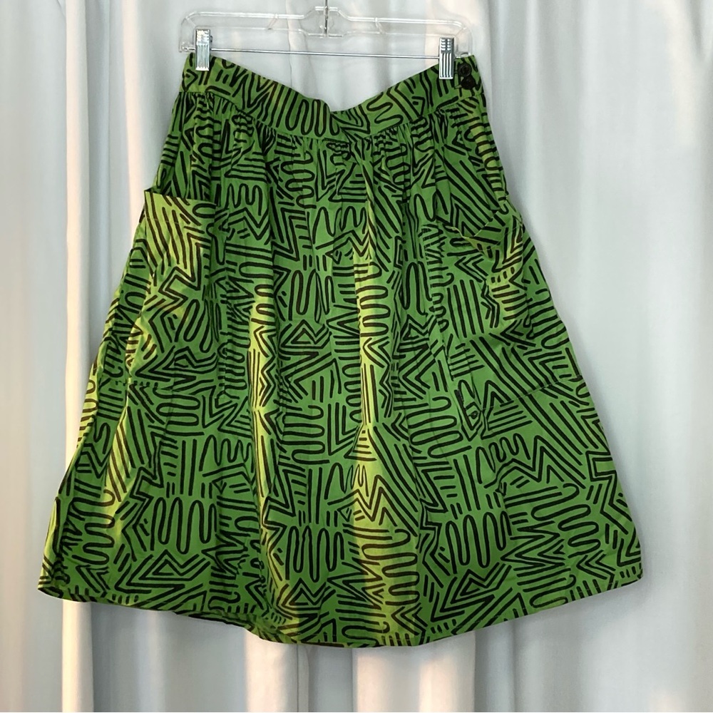 Nooworks Mitzi pocket skirt in green squiggle graffiti print, Medium